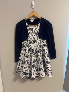 Nautica Navy and White Floral Fit-and-Flare Dress with Navy Bolero